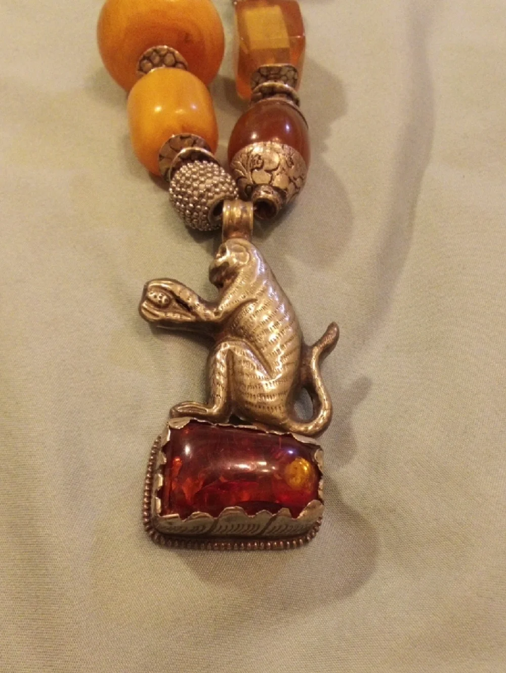 Real Amber-Tone Glass Bead Necklace with Silver Monkey Pendant